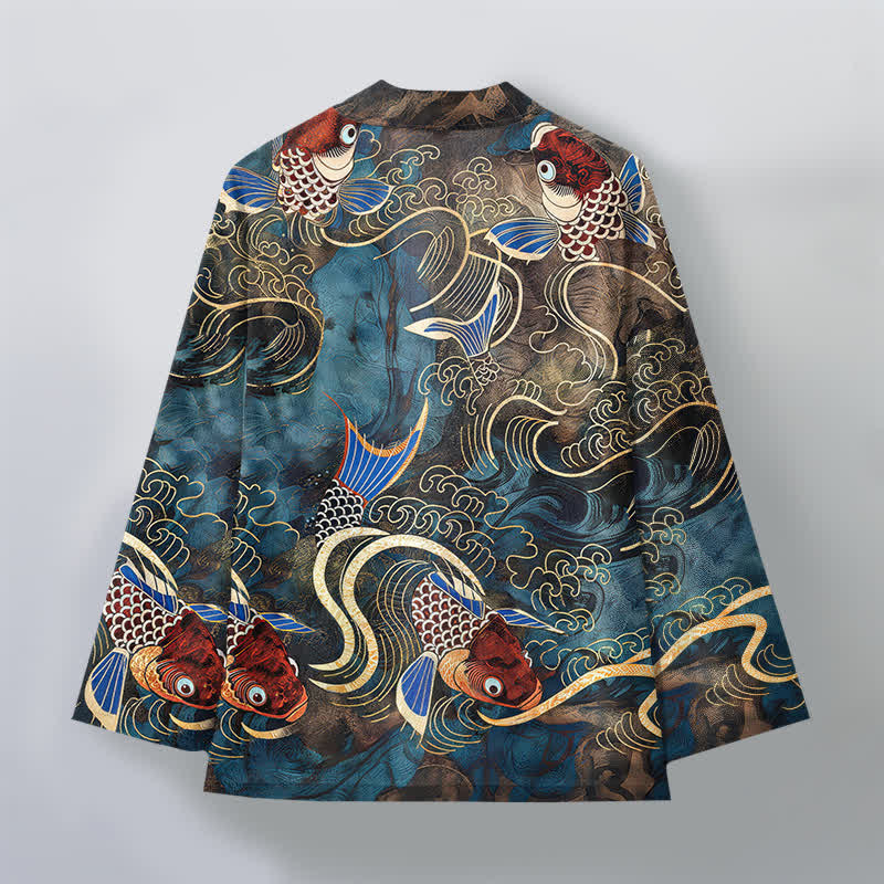 Buddha Stones Cotton Red Koi Fish Golden Waves Pattern Open Front Men's Kimono - image 8