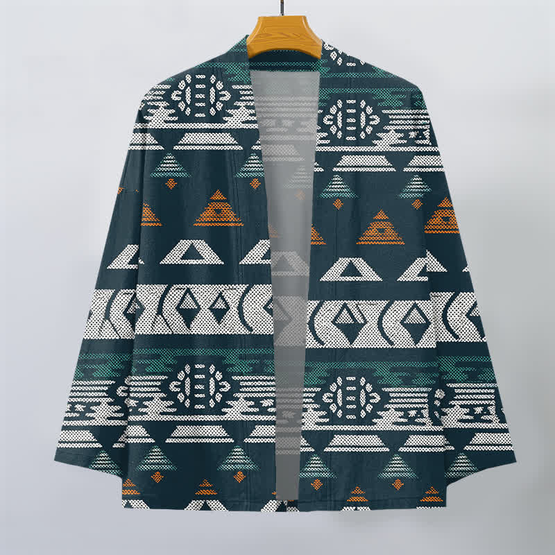 Buddha Stones Cotton Teal Aztec Geometric Pattern Open Front Men's Kimono - image 1