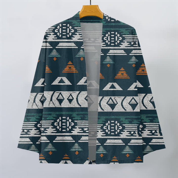 Buddha Stones Cotton Teal Aztec Geometric Pattern Open Front Men's Kimono - image 1
