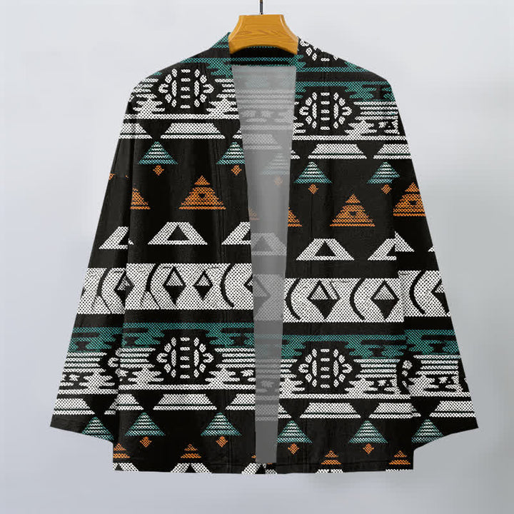 Buddha Stones Cotton Teal Aztec Geometric Pattern Open Front Men's Kimono - image 7