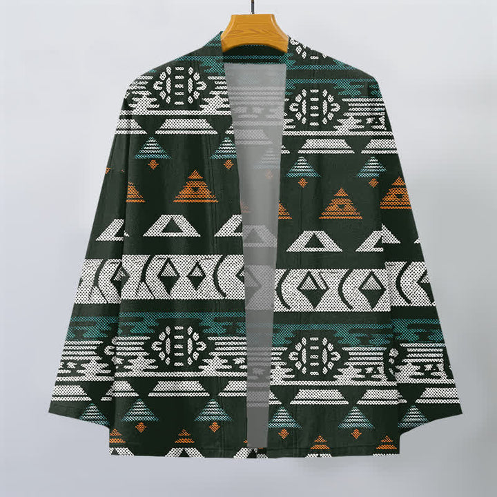 Buddha Stones Cotton Teal Aztec Geometric Pattern Open Front Men's Kimono - image 10
