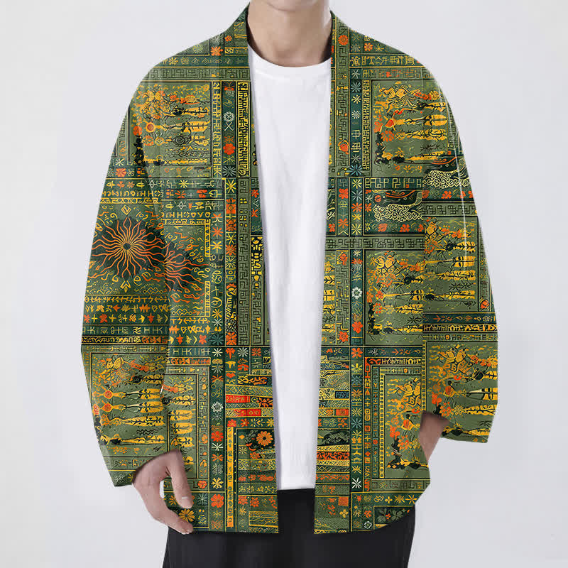 Buddha Stones Cotton Vintage Multicolored Patchwork Floral Pattern Open Front Men's Kimono - Olive - US/UK/AU48，EU58 (4XL) - image 0