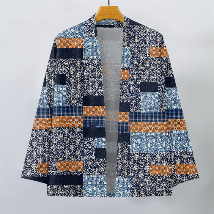 Buddha Stones Cotton Patchwork Geometric Block Pattern Open Front Men's Kimono - image 1