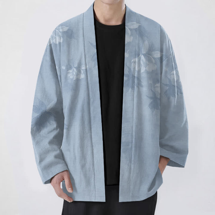Buddha Stones Cotton Subtle Floral Leaf Pattern Open Front Men's Kimono - LightSteelBlue - US/UK/AU48，EU58 (4XL) - image 6