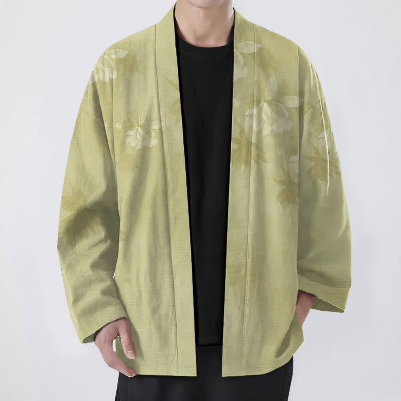 Buddha Stones Cotton Subtle Floral Leaf Pattern Open Front Men's Kimono - YellowGreen - US/UK/AU48，EU58 (4XL) - image 9
