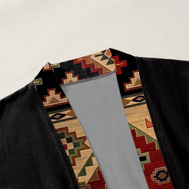 Buddha Stones Cotton Tribal Geometric Trim Pattern Open Front Men's Kimono - image 3