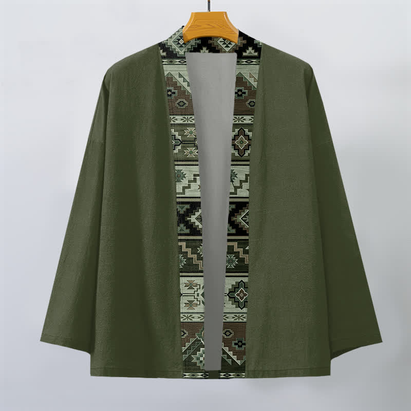 Buddha Stones Cotton Tribal Geometric Trim Pattern Open Front Men's Kimono - image 7
