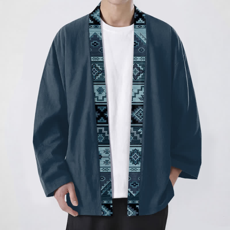 Buddha Stones Cotton Tribal Geometric Trim Pattern Open Front Men's Kimono - SteelBlue - US/UK/AU48，EU58 (4XL) - image 9