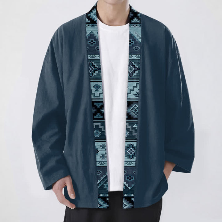 Buddha Stones Cotton Tribal Geometric Trim Pattern Open Front Men's Kimono - SteelBlue - US/UK/AU48，EU58 (4XL) - image 9