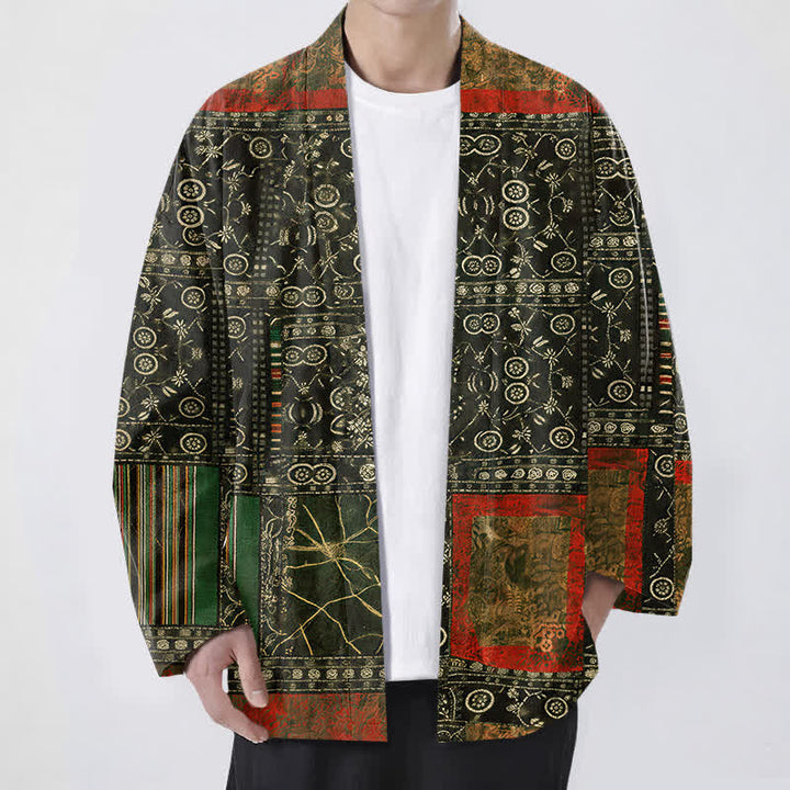 Buddha Stones Cotton Tribal Geometric Patchwork Pattern Open Front Men's Kimono - DarkOliveGreen - US/UK/AU48，EU58 (4XL) - image 9