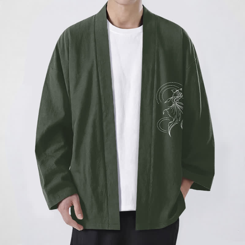 Buddha Stones Cotton White Koi Fish Wave Pattern Open Front Men's Kimono - DarkGreen - US/UK/AU48，EU58 (4XL) - image 6