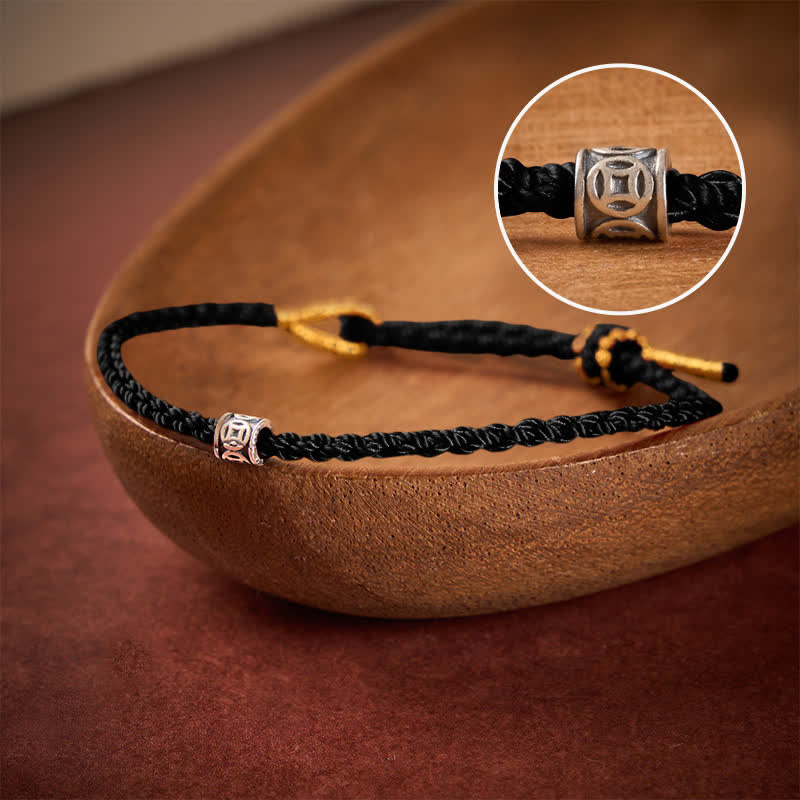 Buddha Stones Black Red String 925 Sterling Silver Chinese Coin Protection Minimalist Bracelet - Black String - 5.5–6.3 in (14–16 cm) - image 13