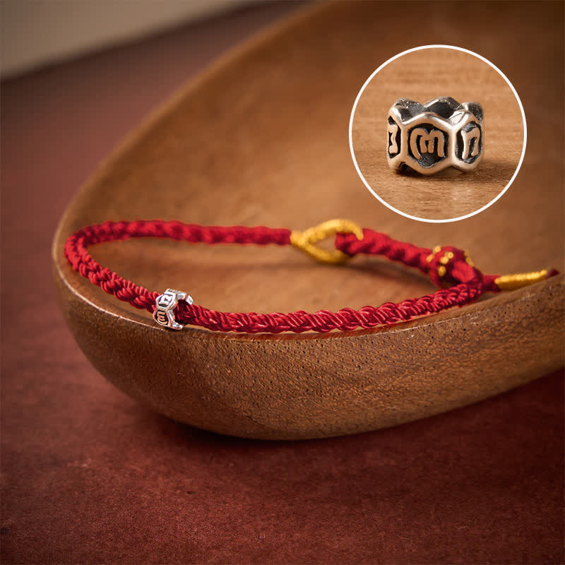 Buddha Stones Black Red String 925 Sterling Silver Om Mani Padme Hum Wheel Bead Luck Bracelet - Dark Red String - 5.5–6.3 in (14–16 cm) - image 10
