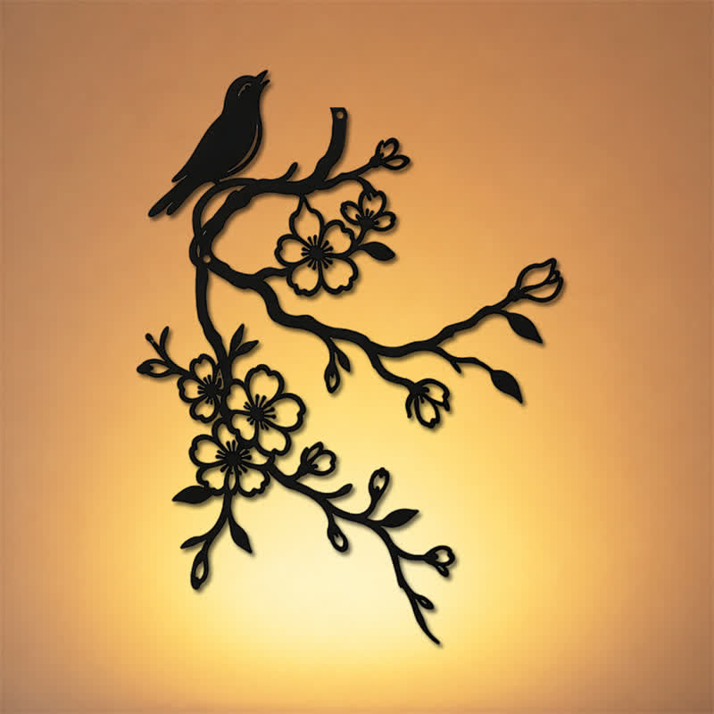 Buddha Stones Metal Bird on Peach Blossom Branch Zen Iron Meaningful Symbols Wall Art - image 0