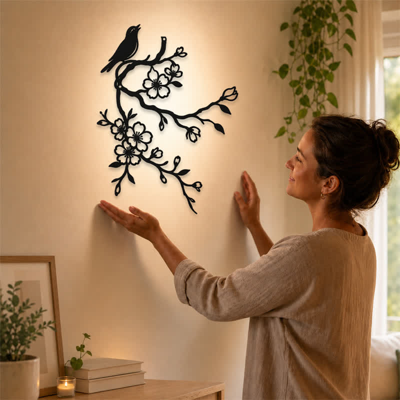 Buddha Stones Metal Bird on Peach Blossom Branch Zen Iron Meaningful Symbols Wall Art - image 1