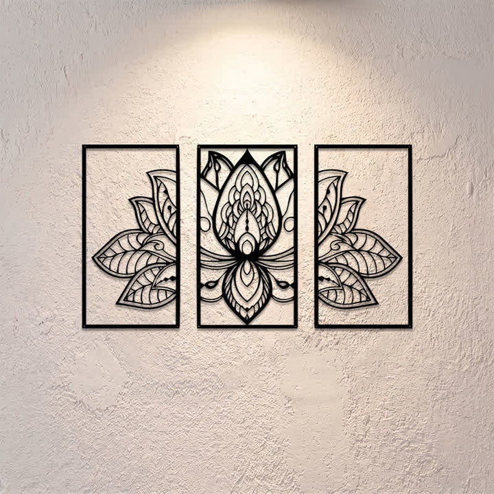 Buddha Stones Lotus Enlightenment Triptych Iron Metal Meaningful Symbols Wall Art - image 0