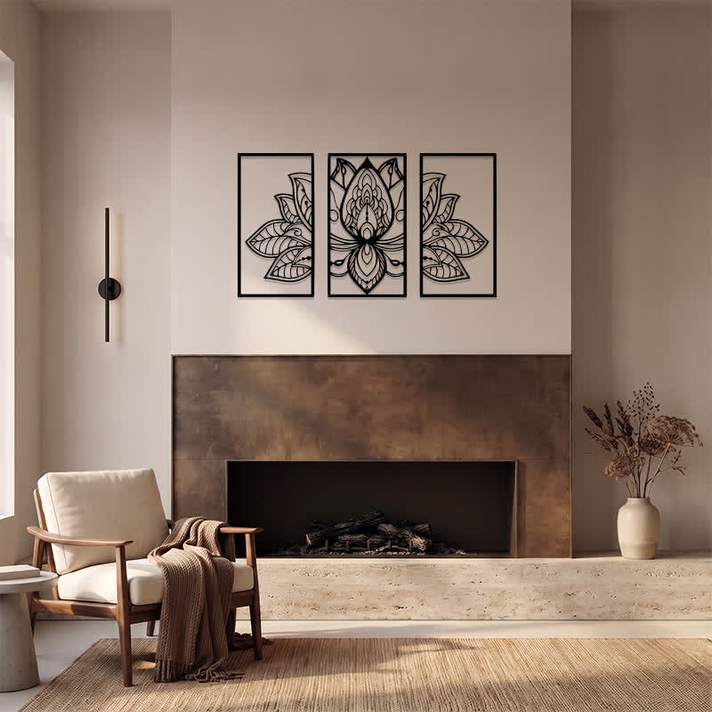 Buddha Stones Lotus Enlightenment Triptych Iron Metal Meaningful Symbols Wall Art - image 11