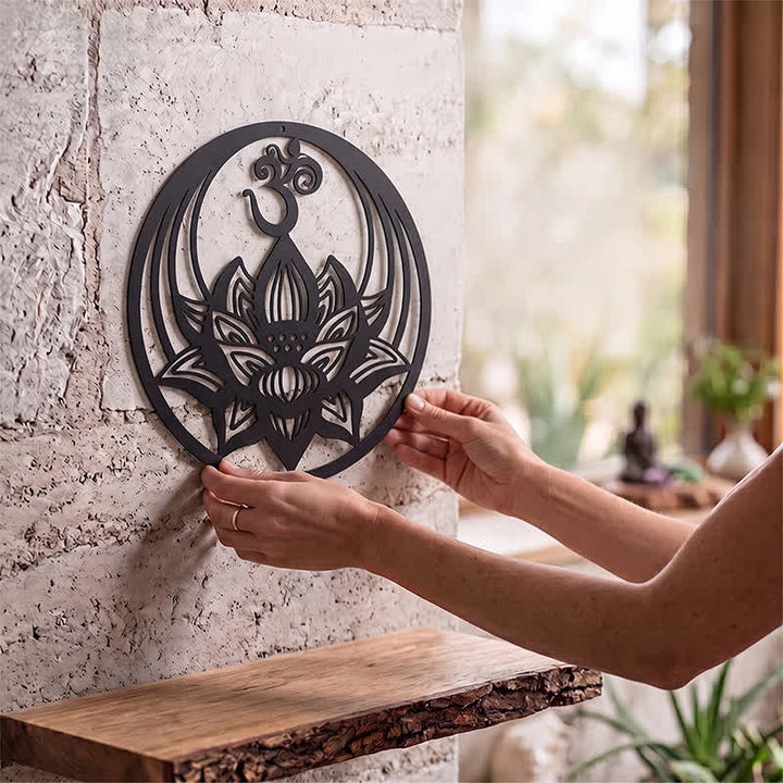 Buddha Stones Enlightenment Lotus OM Round Iron Metal Meaningful Symbols Wall Art - image 1