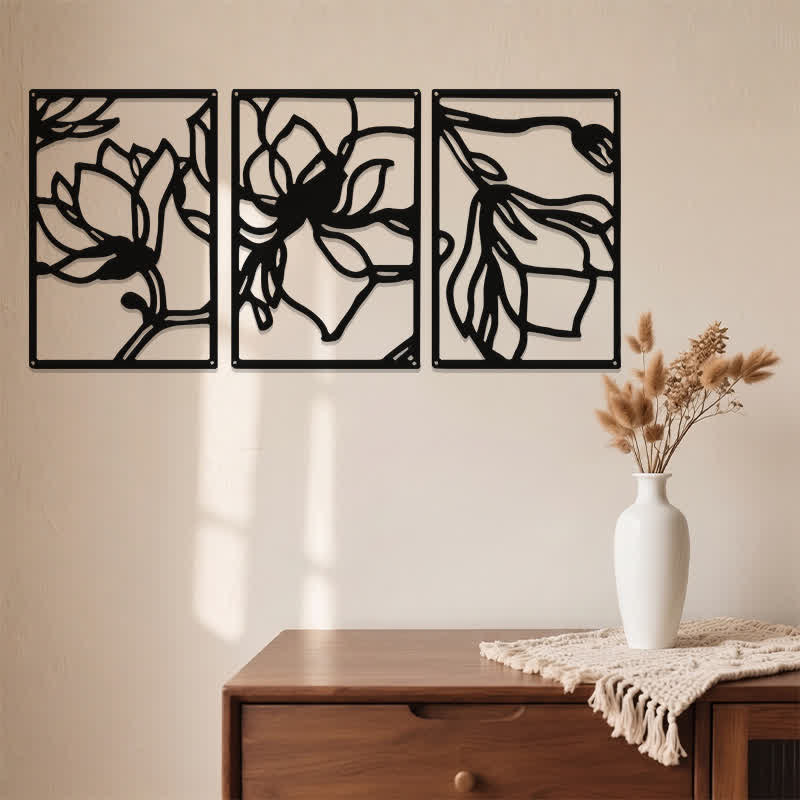 Buddha Stones Black Metal Lotus Enlightenment Triptych Iron Metal Meaningful Symbols Wall Art - image 3