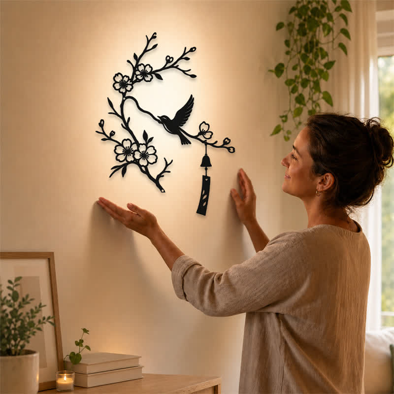 Buddha Stones Bird and Blossom Branch Iron Meaningful Symbols Wall Art - image 1