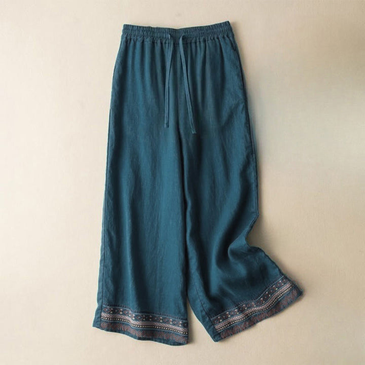 Buddha Stones Casual Embroidery Bohemian Pattern Drawstring Women's Wide Leg Pants With Pockets - LightSeaGreen - US12，UK/AU16，EU44 (XL) - image 5