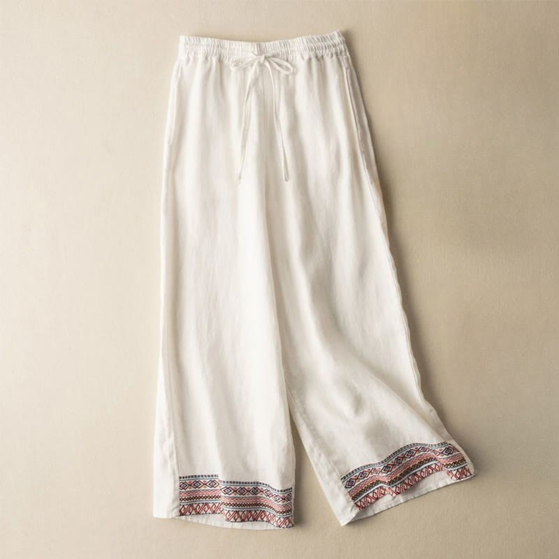 Buddha Stones Casual Embroidery Bohemian Pattern Drawstring Women's Wide Leg Pants With Pockets - OldLace - US12，UK/AU16，EU44 (XL) - image 10