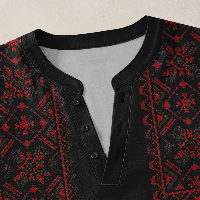 Buddha Stones Cotton Tribal Geometric Pattern V-Neck Buttons Men's Long Sleeve Shirts - image 18