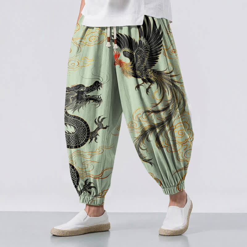 Buddha Stones Pure Cotton Dragon Phoenix Cloud Pattern Drawstring Men's Harem Pants With Pockets - MintCream - US/UK/AU50，EU60 (5XL) - image 6