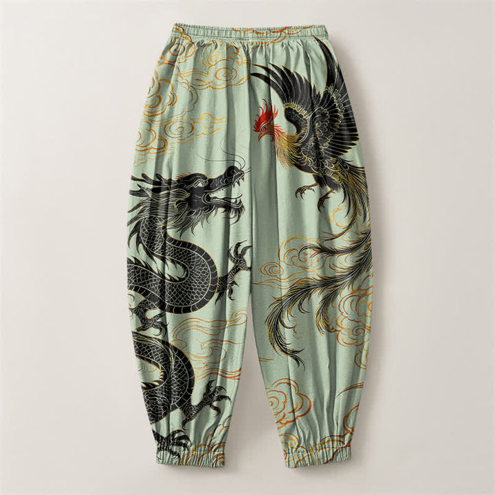 Buddha Stones Pure Cotton Dragon Phoenix Cloud Pattern Drawstring Men's Harem Pants With Pockets - image 8