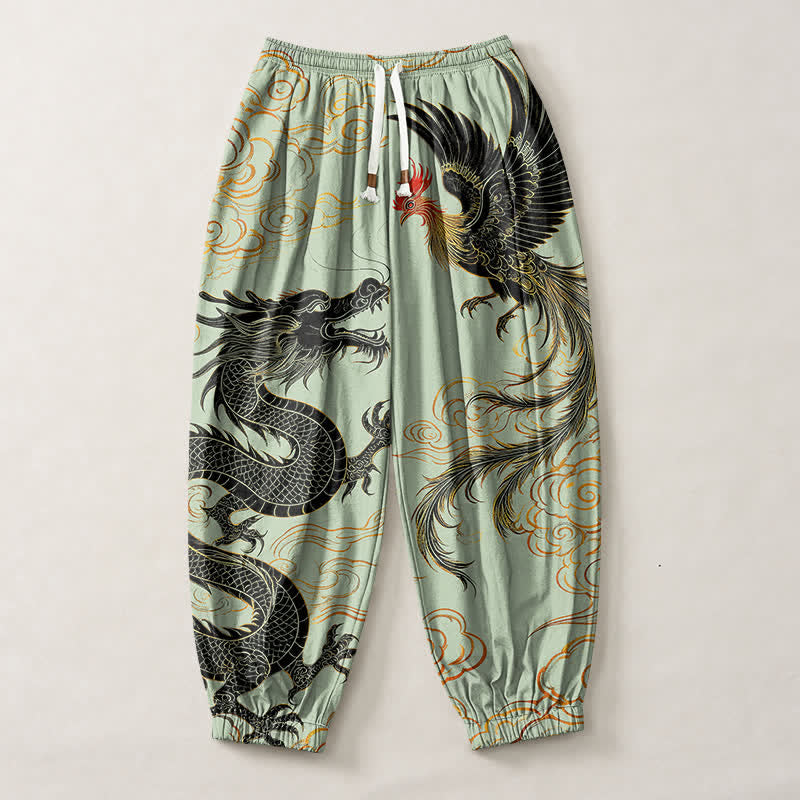 Buddha Stones Pure Cotton Dragon Phoenix Cloud Pattern Drawstring Men's Harem Pants With Pockets - image 7