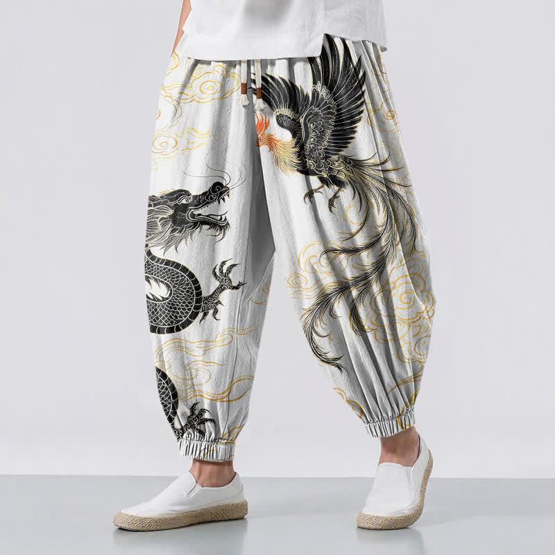 Buddha Stones Pure Cotton Dragon Phoenix Cloud Pattern Drawstring Men's Harem Pants With Pockets - WhiteSmoke - US/UK/AU50，EU60 (5XL) - image 12
