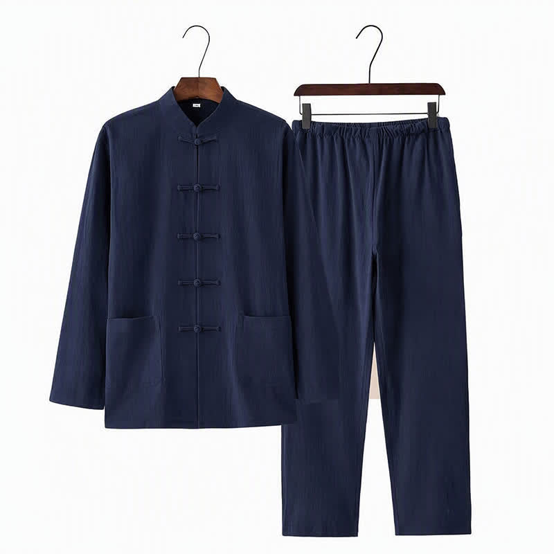 Buddha Stones 2Pcs Tang Suit Traditional Frog-Button Uniform Long Sleeve Shirt Pants Men's Set - image 12
