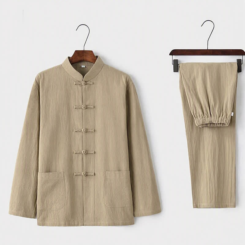 Buddha Stones 2Pcs Tang Suit Traditional Frog-Button Uniform Long Sleeve Shirt Pants Men's Set - Beige - US/UK/AU44，EU54 (5XL) - image 0