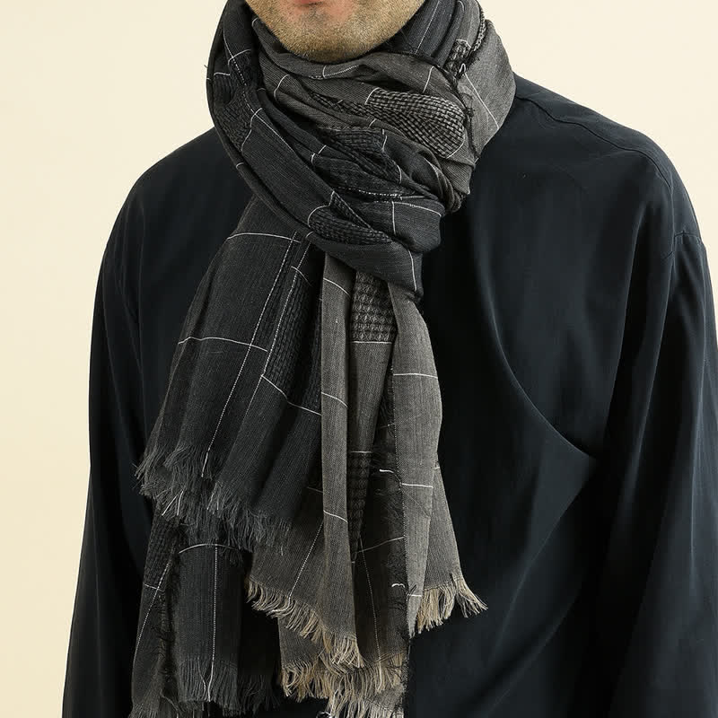 Buddha Stones Fall Winter Dark Grid Tassel Layering Men's Scarf - image 0
