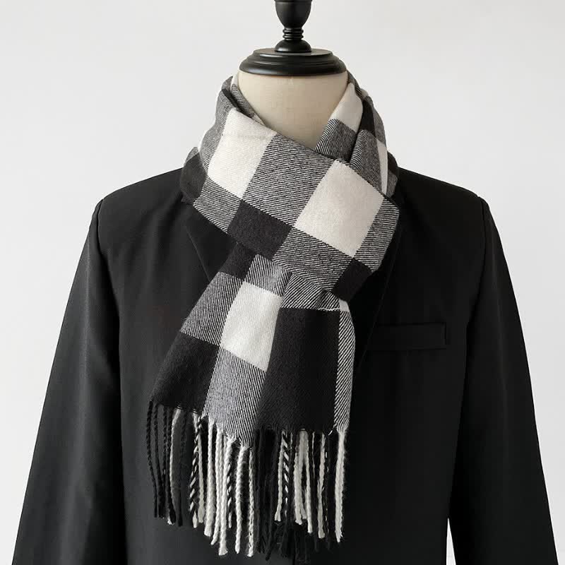 Buddha Stones Fall Winter Long Rectangular Plaid Fringed Men's Scarf - Black - image 0