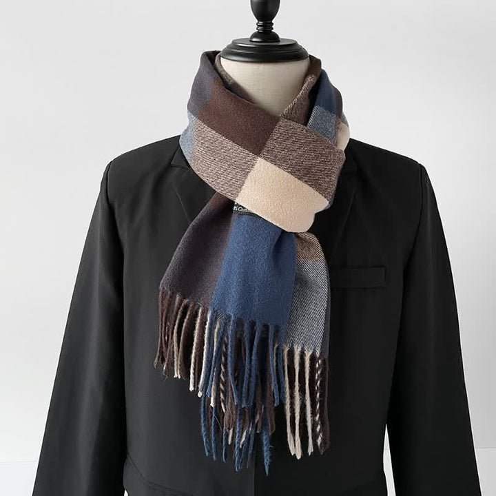 Buddha Stones Fall Winter Long Rectangular Plaid Fringed Men's Scarf - SteelBlue - image 5