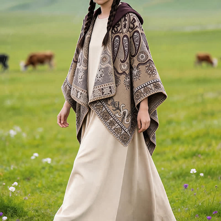 Buddha Stones Fall Winter Hooded Paisley Geometric Boho Poncho Style Shawl - image 31