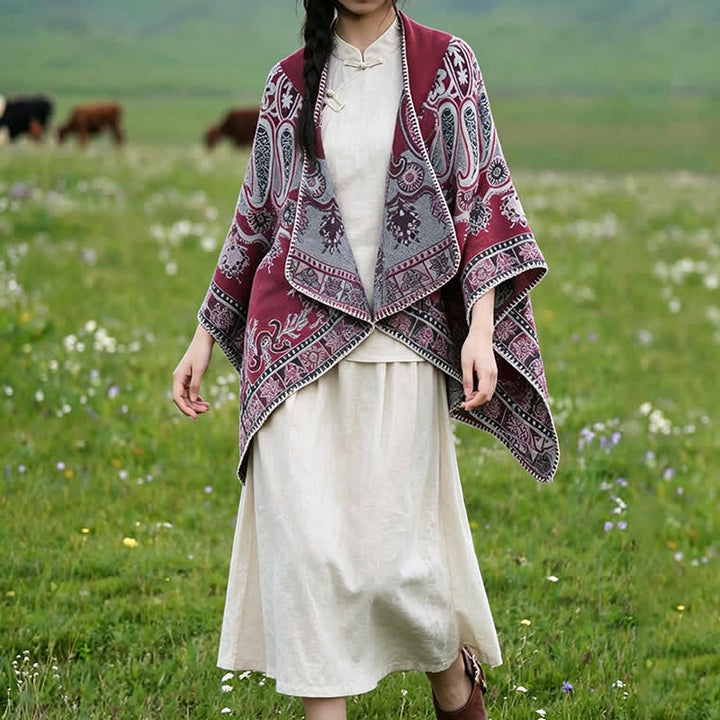 Buddha Stones Fall Winter Hooded Paisley Geometric Boho Poncho Style Shawl - image 20