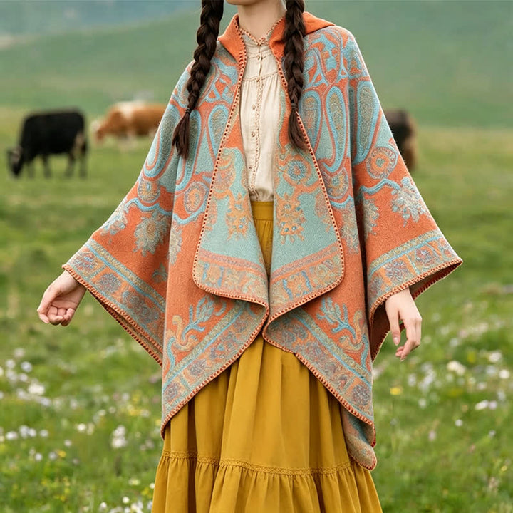 Buddha Stones Fall Winter Hooded Paisley Geometric Boho Poncho Style Shawl - Orange - 130*150CM - image 0
