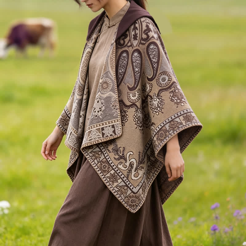 Buddha Stones Fall Winter Hooded Paisley Geometric Boho Poncho Style Shawl - image 28
