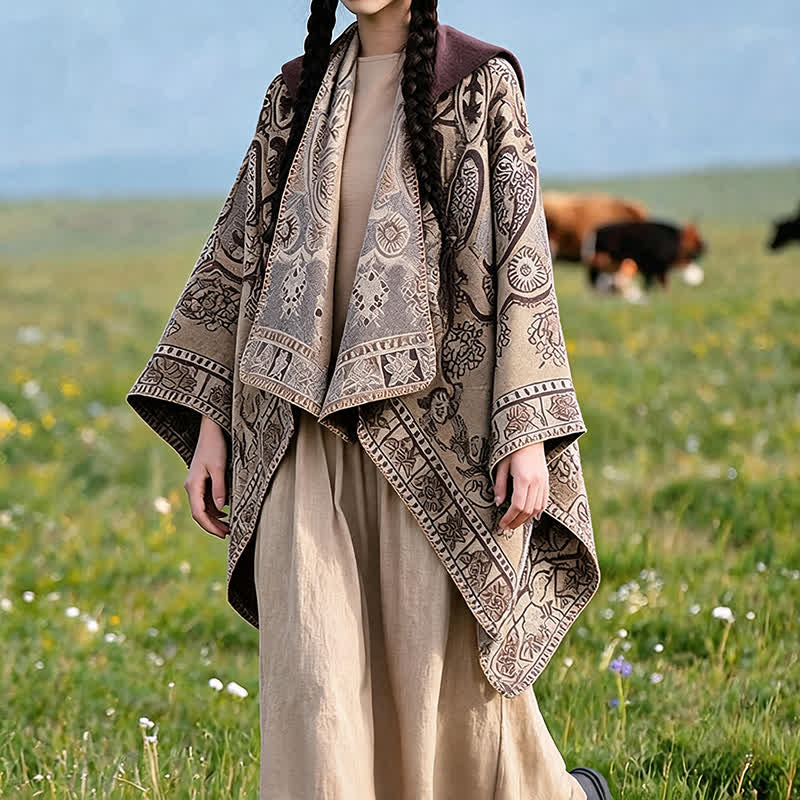 Buddha Stones Fall Winter Hooded Paisley Geometric Boho Poncho Style Shawl - image 29