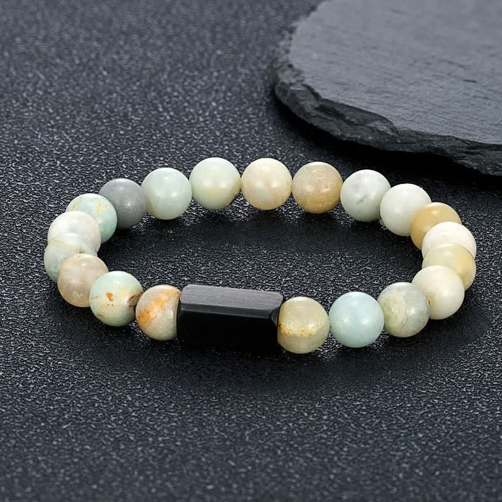 Buddha Stones Black Goldstone Stones Titanium Steel Bar Bracelet - Amazonite(Truth ♥ Communication) - 8mm - image 4