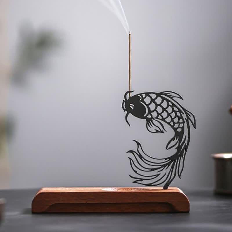 Buddha Stones Wooden Base Koi Fish Success Zen Incense Burner - Head Up Koi Fish Long Base - image 11