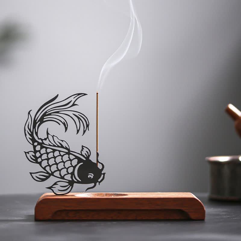 Buddha Stones Wooden Base Koi Fish Success Zen Incense Burner - Head Down Koi Fish Long Base - image 2