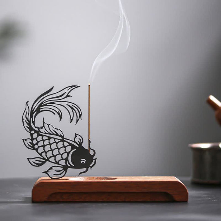 Buddha Stones Wooden Base Koi Fish Success Zen Incense Burner - Head Down Koi Fish Long Base - image 2