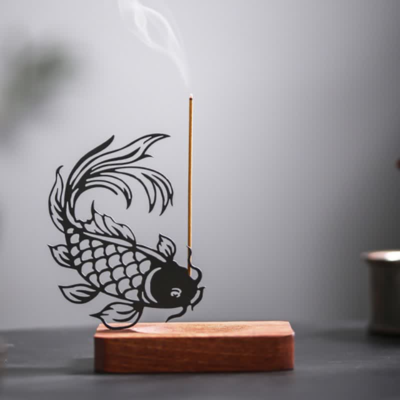 Buddha Stones Wooden Base Koi Fish Success Zen Incense Burner - Head Down Koi Fish Short Base - image 0