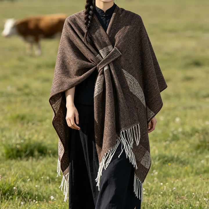 Buddha Stones Fall Winter Boho Striped Tassel Buckle Design Cozy Shawl - Sienna - 130x150cm - image 0