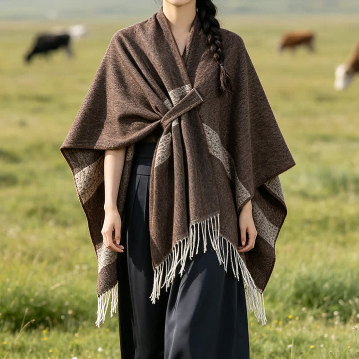 Buddha Stones Fall Winter Boho Striped Tassel Buckle Design Cozy Shawl - image 3