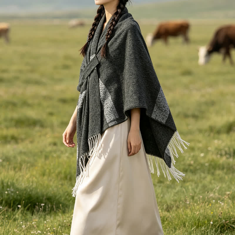 Buddha Stones Fall Winter Boho Striped Tassel Buckle Design Cozy Shawl - image 8