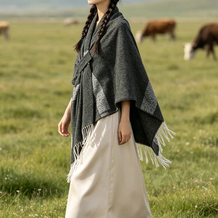 Buddha Stones Fall Winter Boho Striped Tassel Buckle Design Cozy Shawl - image 8